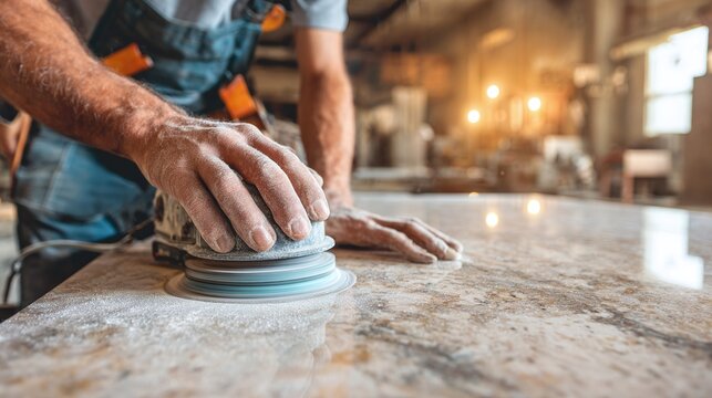 Man smoothing stone with power sander. Renovation with natural stone surface. Dust and detail in workshop setting.