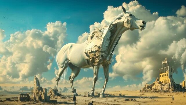 A surreal composition with a stylized horse as a central figure