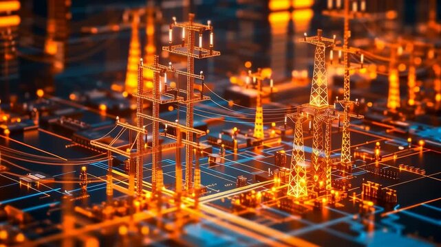 A miniature model complex power grid, featuring a network of towers and power lines