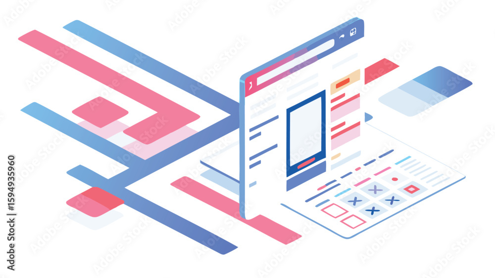 Wall mural isometric illustration of website interface with calculator and abstract design elements