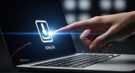 Downloading Data Concept: Finger Tapping Download Icon on Laptop Screen. Modern Technology, Digital Content, Cloud Storage, File Transfer Concept.