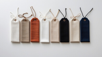 Minimalist Display of Four Small Fabric Tags in Neutral and Bold Tones with Twine Bows on White Background – Elegant Branding and Packaging Design Mockup with Soft Lighting and Texture Detail