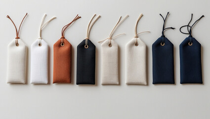 Minimalist Display of Four Small Fabric Tags in Neutral and Bold Tones with Twine Bows on White Background – Elegant Branding and Packaging Design Mockup with Soft Lighting and Texture Detail