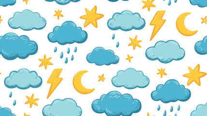 Vector SVG Icon Set with Clouds Stars Lightning and Moon in Flat Design Style with Blue and Yellow Colors