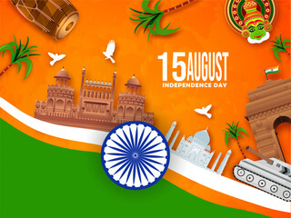 Happy Independence day of India celebration background design with tricolor flag. Vector Illustration.