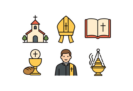 Christian symbols: church, mitre, bible, chalice, priest, thurible illustration