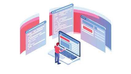 Isometric view of a person coding on a laptop with multiple screens around them showing code snippets