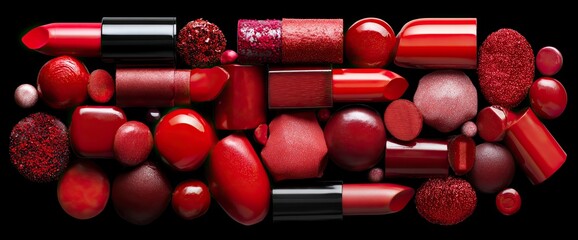 A creative composition of various shades and shapes of red lipsticks arranged in an abstract manner on a black background, creating a visually appealing and artistic display for cosmetic product adver