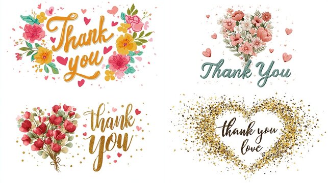 Four floral and glitter "Thank You" designs; two feature bouquets, one uses script lettering with flowers, and one is a gold glitter heart - Powered by Adobe