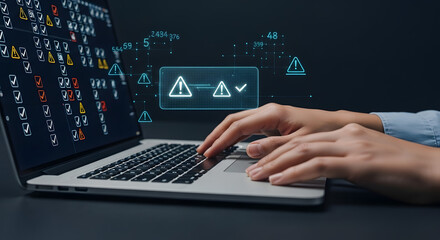 Hands typing on a laptop with a screen displaying security alerts and a confirmation checkmark.