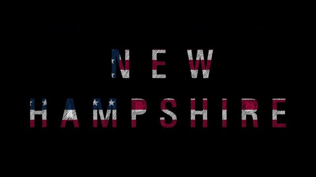 New hampshire state name with flag colors animation on black background