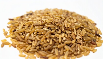 Brown rice grains isolated on white background with shallow depth of field to highlight texture