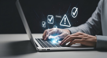 Person working on a laptop with holographic approval and warning icons appearing over the keyboard.