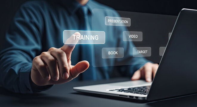 Interactive Online Training Concept: Man Touching Virtual Screen with Training Options, Presentation, Video, Book, Target. Modern Business Education. - Powered by Adobe