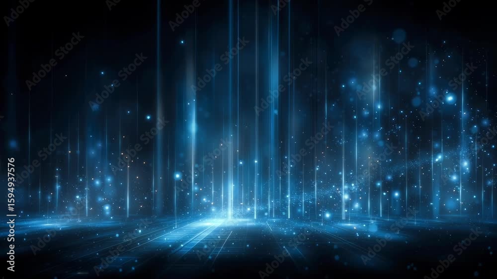 Poster an abstract digital backdrop with glowing blue lines against black background, representing data and