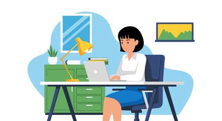 Woman working on laptop at her desk, ideal for website banners or blog posts about remote work.