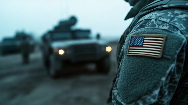 Close-up of a military uniform with a glowing U.S. flag patch, set against a blurred background of military vehicles.