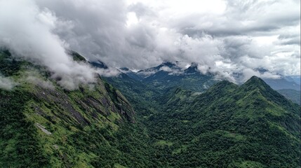 Obraz premium Panoramic views of mountains with dense forests and clouds rolling over peaks, showcasing rugged beauty, natural landscapes with lush greenery and misty summits under open skies.
