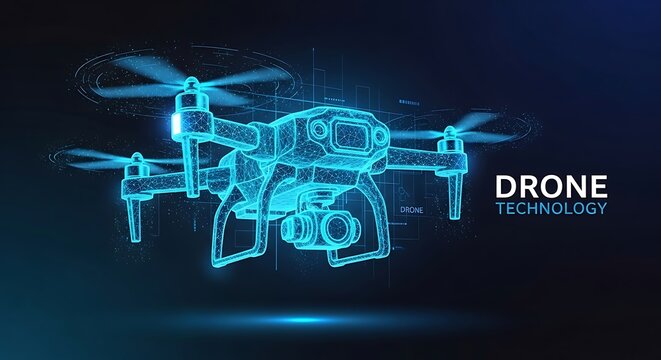 A futuristic, glowing wireframe illustration of a drone, highlighting its technological design.