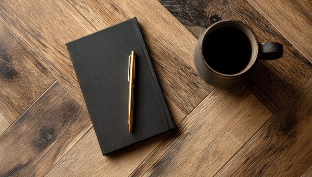 Black notebook with gold pen beside coffee mug on wooden parquet floor, ideal for productivity app interfaces and luxury stationery branding visuals
