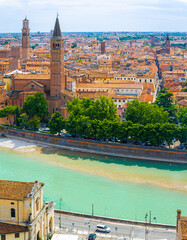 Facade of Basilica di Santa Anastasia in Verona, Italy, with Gothic architecture and brick exterior...