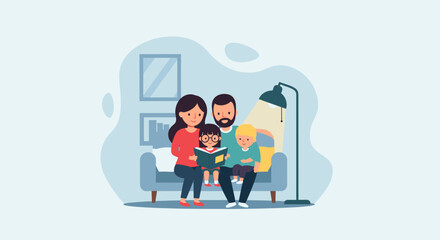 Happy Family Reading Together at Home - Perfect for Family Blogs, Children's Books, or Educational Websites