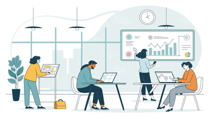 Diverse team collaborating on project, modern office illustration for website or presentation.