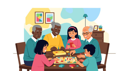 Multigenerational family playing a board game together. Ideal for articles on family bonding, intergenerational activities, or senior care.