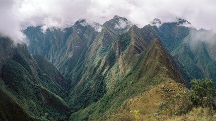 Fototapeta premium Panoramic views of mountains with dense forests and clouds rolling over peaks, showcasing rugged beauty, natural landscapes with lush greenery and misty summits under open skies.