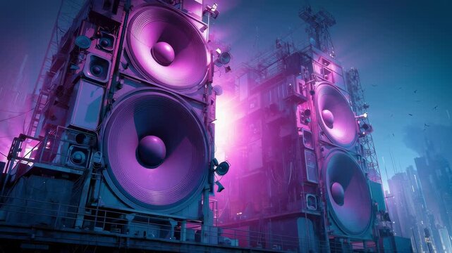 Giant speakers on a city street, blue and purple colors, cyberpunk style, urban and loud music concept