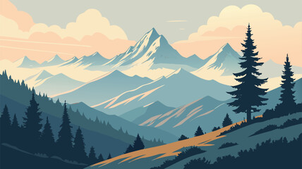 Tranquil Nature Scene of Mountains and Trees Silhouette