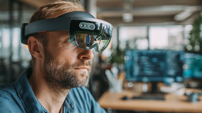 Man wearing augmented reality headset working in modern office, innovation and technology at work. - Powered by Adobe