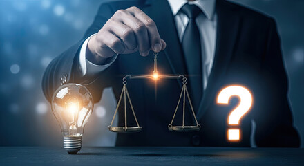 Business Decision: Businessman Weighing Idea (Light Bulb) Against Question Mark on Scales, Representing Choice, Strategy, and Legal Considerations