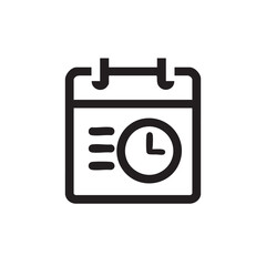  An outline icon of a calendar with a clock and list items.