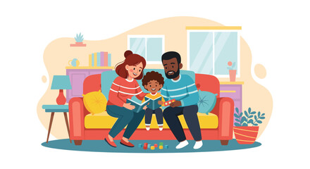 Happy family reading a book together on a couch. Perfect for family blogs, children's books, or websites promoting family togetherness.