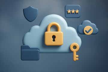 Obraz premium Secure Cloud Backup with Locked Cloud Password Key and Data Protection Icons 3D Render