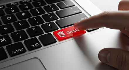 Deleting Data: Finger Pressing Red Delete Key on Laptop Keyboard. Concept of Data Removal, Mistake, Error, Cancellation, and Digital Security.