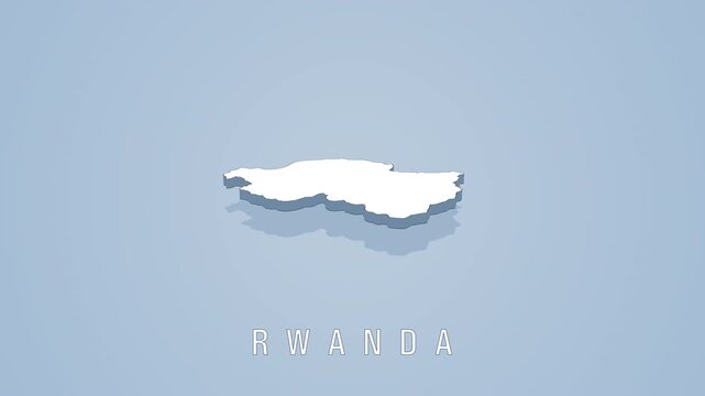 Rotating white 3d map of rwanda on blue background
