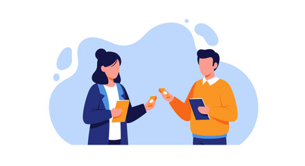 Two colleagues exchanging documents, perfect for illustrating teamwork, collaboration, or project handover on a website or presentation.