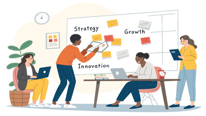 Diverse team brainstorming ideas on whiteboard, perfect for business presentations or marketing materials.