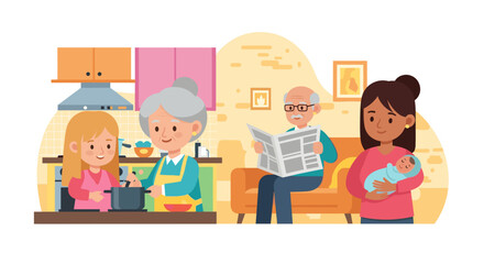 Multigenerational Family at Home: Illustration for Family, Wellbeing, or Generational Themes
