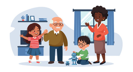 Multigenerational family playing with robots - perfect for family, technology, and education websites and brochures.