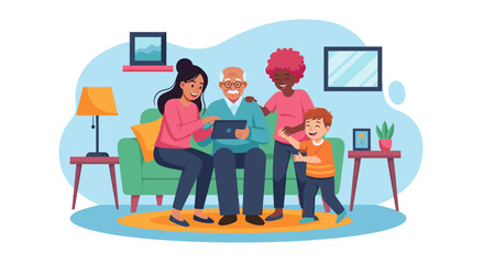 Multigenerational family using a tablet together at home; perfect for family, technology, and togetherness themed projects.