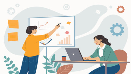 Two colleagues collaborating on a project, presenting data on a whiteboard and laptop. Ideal for business presentations, reports, and websites.