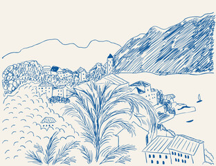 beautiful scenery of seaside in sketch hand drawn style. Template for decor postcard design print poster background wallpaper wrapping packaging banner backdrop