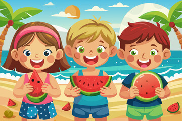 vector of Three children are eating watermelon wedges in their hands and they are eating it by the beach.