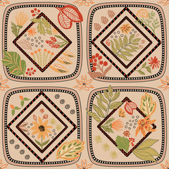 Botanical checkered autumn leaves, flowers, berries, geometric rhombus, square shapes, pine cone. Vector fall colorful floral background, seamless pattern for textile design, fabric, wallpaper, print.