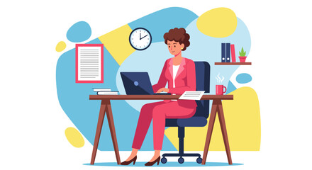 Businesswoman working on laptop at her desk, perfect for website banners or business presentations.