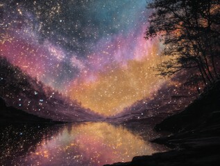 Una impresionante vista nocturna de una laguna reflejando una galaxia vibrante y colorida.