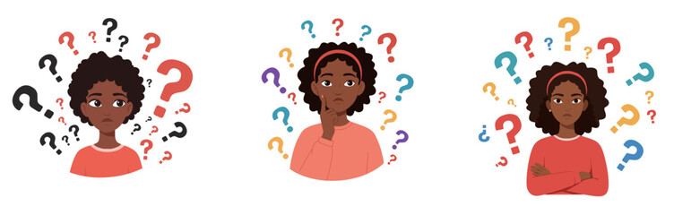 Young black woman expressing confusion and curiosity with questions, white background, isolated, vector, set  